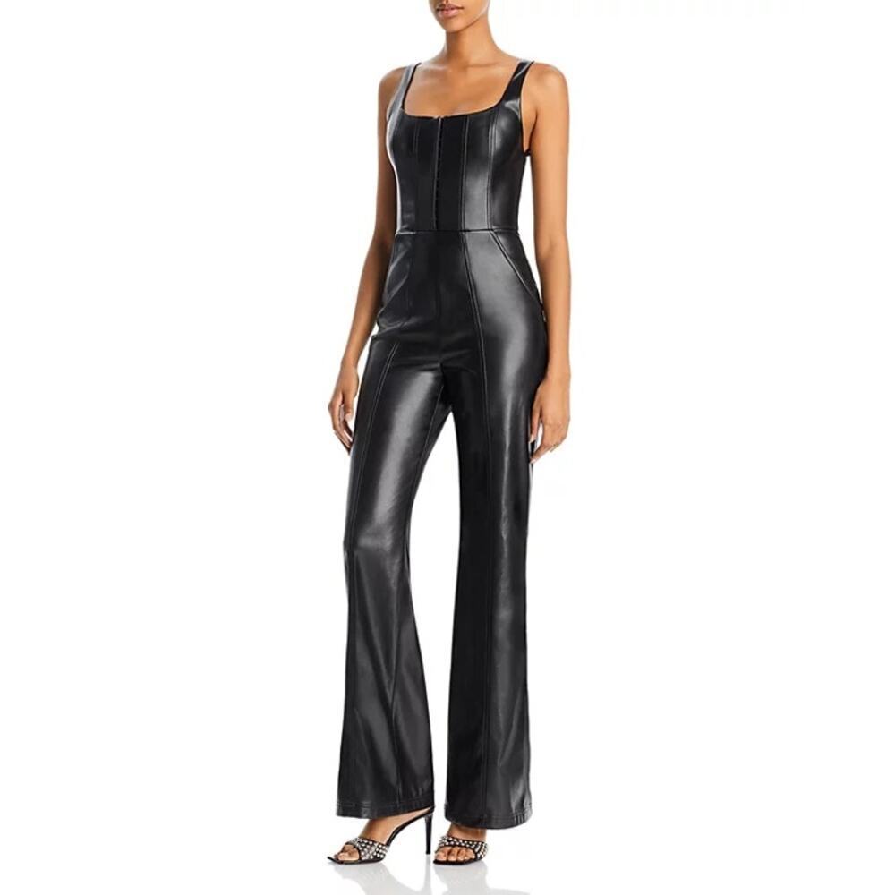 Alice + Olivia Corset Jumpsuit Vegan Leather Black Wide Leg Size 6 NWT
